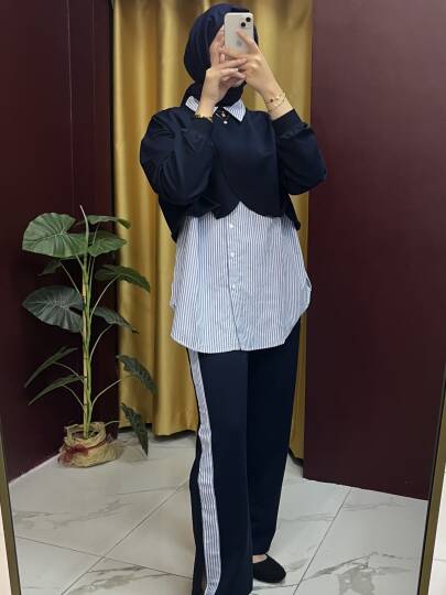 Çizgi Garnili Pelerinli Takım - 3