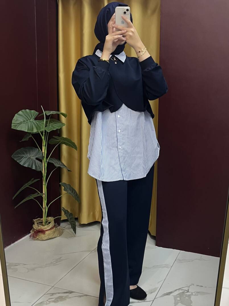 Çizgi Garnili Pelerinli Takım - 3