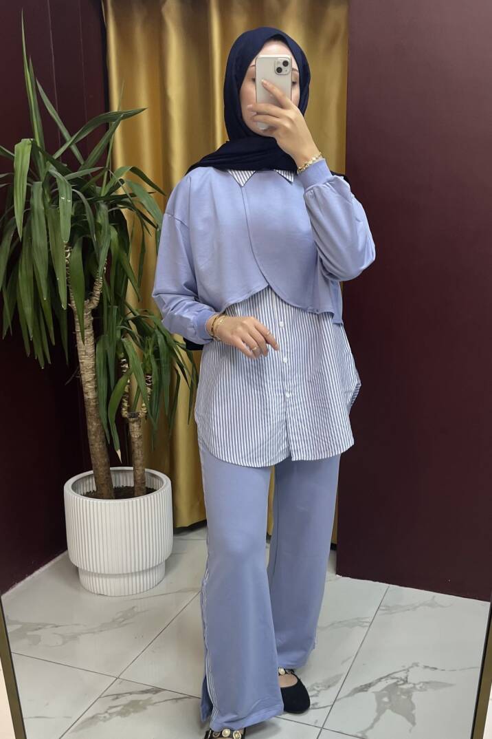 Çizgi Garnili Pelerinli Takım - 5