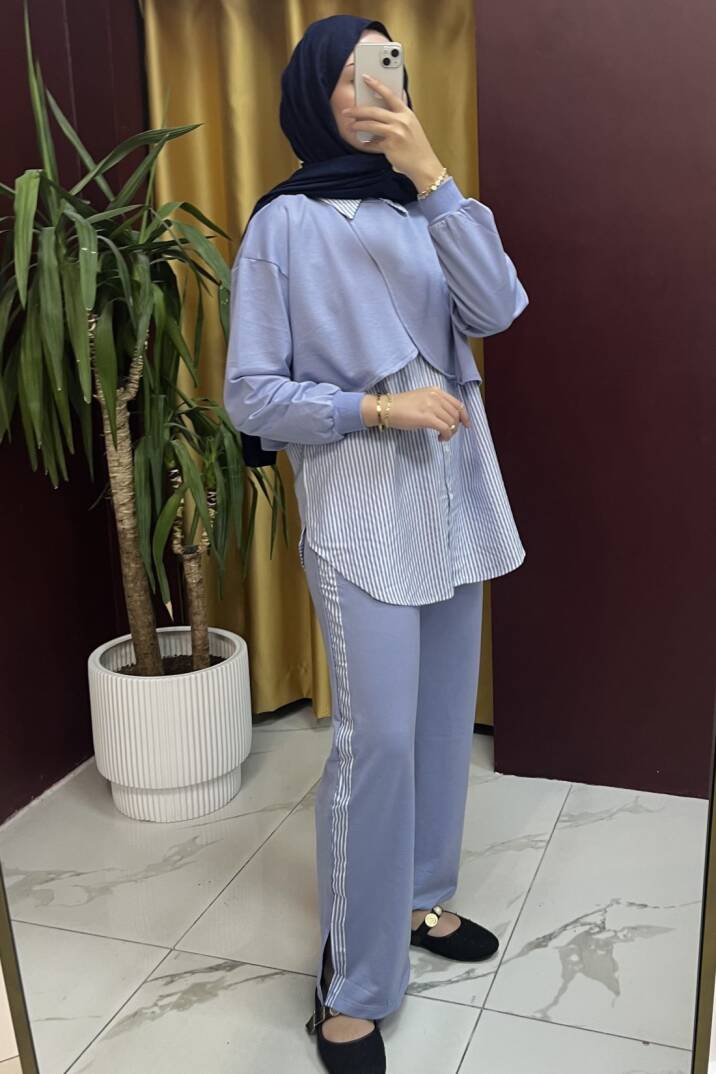 Çizgi Garnili Pelerinli Takım - 6