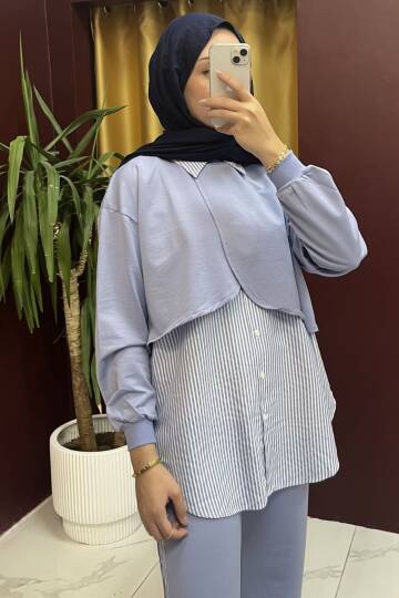 Çizgi Garnili Pelerinli Takım - 7