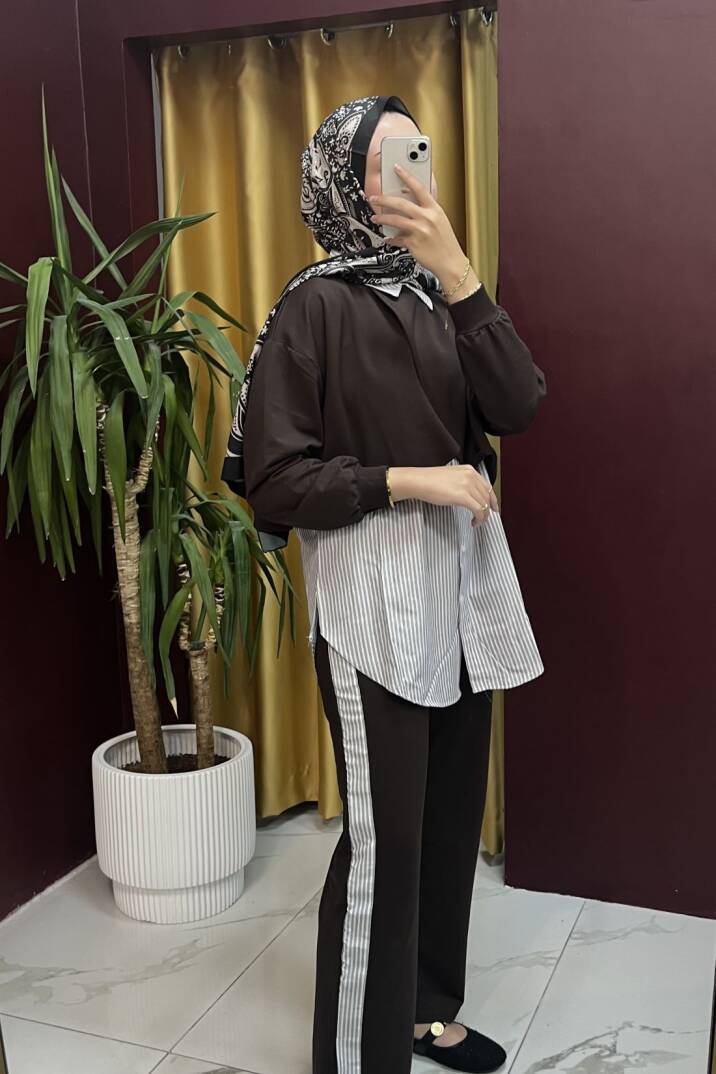 Çizgi Garnili Pelerinli Takım - 8