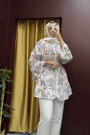 Desenli Kimono Beyaz