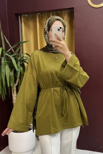 Dikiş Detaylı Yırtmaçlı Sweatshirt Yağ Yeşili