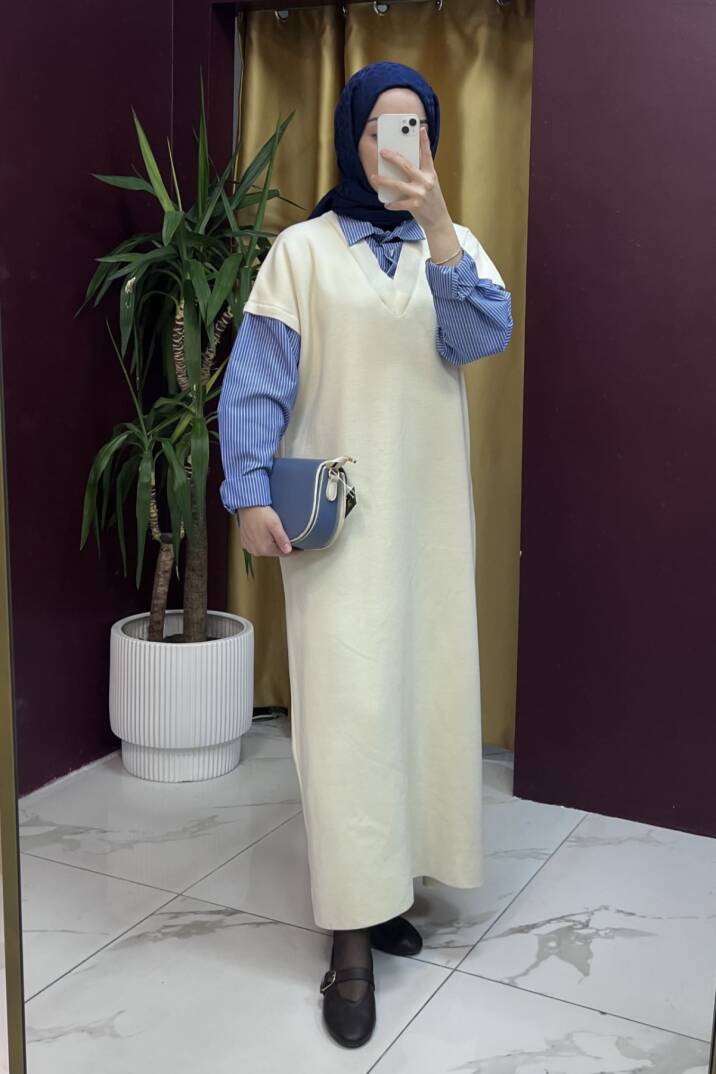 Kolu Çizgili Elbise - 4